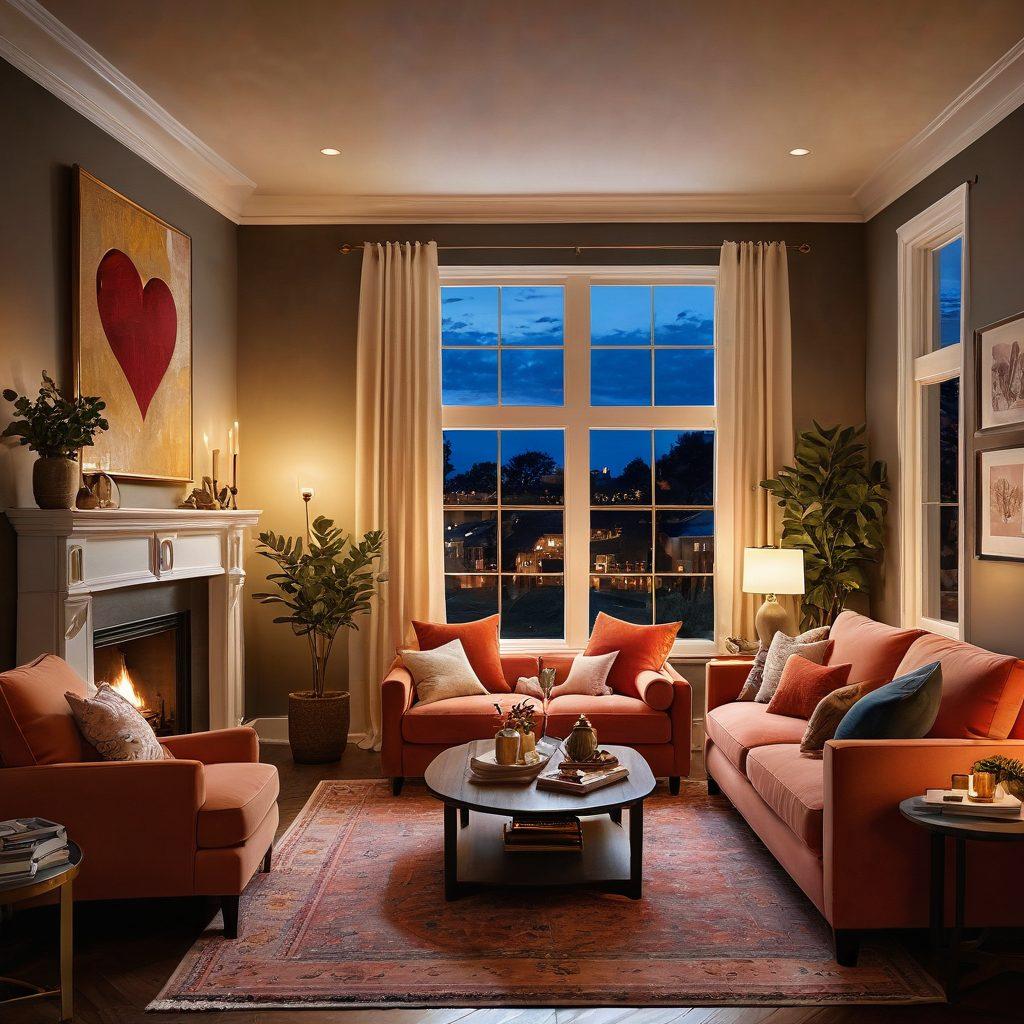 A cozy living room featuring a happy couple enjoying a romantic evening, surrounded by various symbols of comprehensive insurance like a shield, a heart, and a house in the background. The atmosphere is warm and inviting, highlighting the themes of love and security. Use soft lighting and a cheerful color palette to enhance the warmth. super-realistic. vibrant colors. cozy atmosphere.
