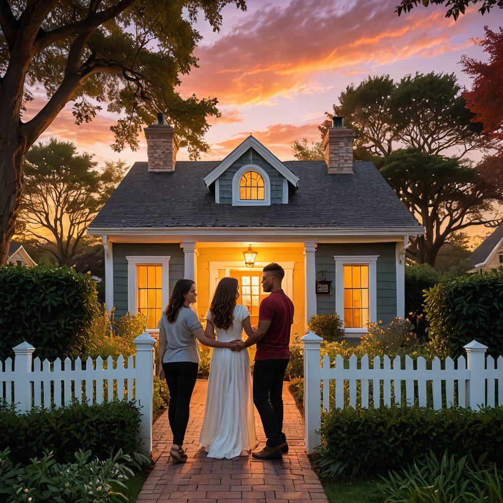 A heart-shaped shield overlapping a cozy home set against a vibrant sunset, symbolizing emotional and physical protection. In the foreground, a couple holding hands, gazing at the shield, signifying love and security. Elements like greenery, a picket fence, and soft glowing lights add warmth and safety. The scene captures the essence of love insurance with a soothing color palette. super-realistic. vibrant colors. soft focus.